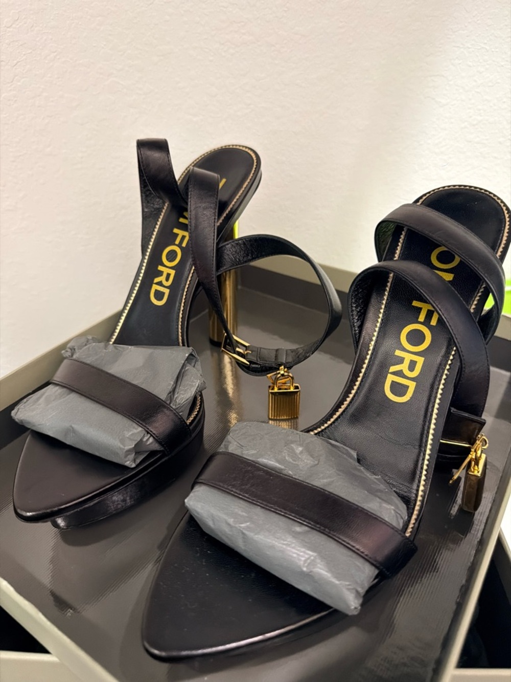 Tom Ford Black Leather Pointed Strap Heels with Gold Logo